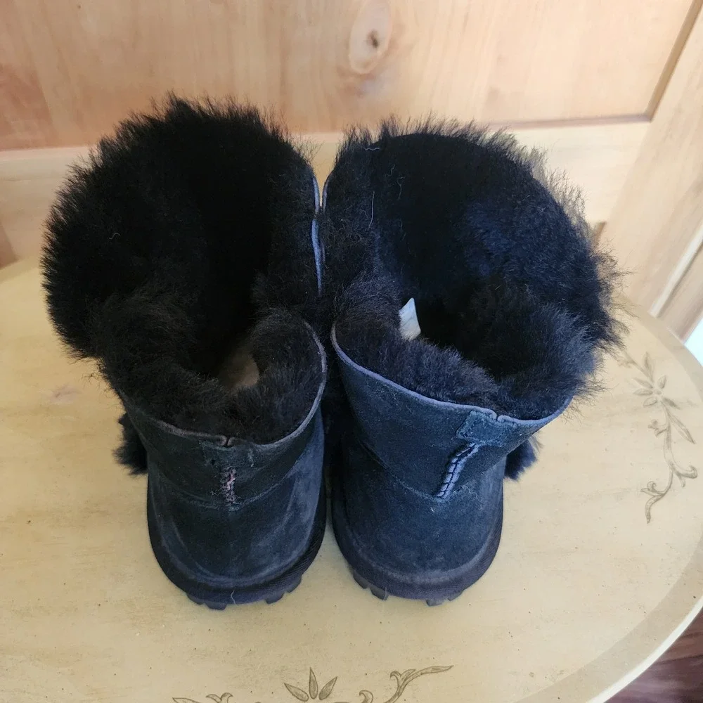 Unbranded Y2K US 9 Black‎ Leather Shearling Wool Lining Ankle Boots Cozy Warm